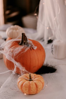 Farklı kabaklar, ışık, örümcekler ile Ürkütücü Halloween dekorasyon. Cadılar Bayramı masa dekorasyonu.