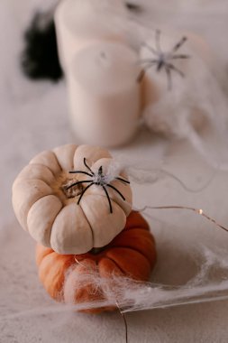 Farklı kabaklar, ışık, örümcekler ile Ürkütücü Halloween dekorasyon. Cadılar Bayramı masa dekorasyonu.
