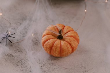 Farklı kabaklar, ışık, örümcekler ile Ürkütücü Halloween dekorasyon. Cadılar Bayramı masa dekorasyonu.