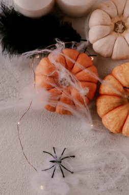 Farklı kabaklar, ışık, örümcekler ile Ürkütücü Halloween dekorasyon. Cadılar Bayramı masa dekorasyonu.