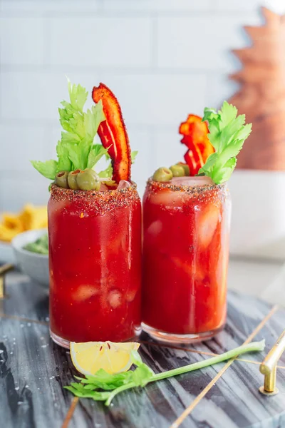 Bloody Mary Cocktail Bacon Celery Olives Chilled Brunch Breakfast Alcohol — Stock Photo, Image