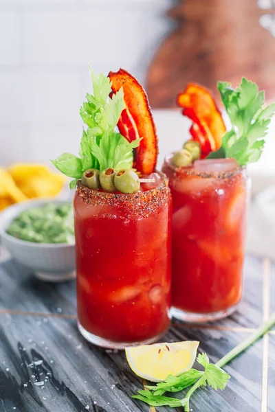 Bloody Mary Cocktail Bacon Celery Olives Chilled Brunch Breakfast Alcohol — Stock Photo, Image