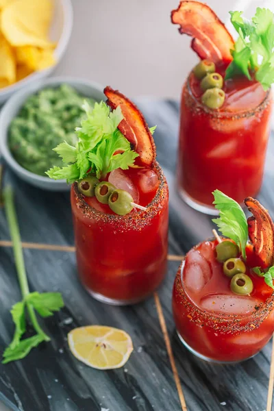 Bloody Mary Cocktail Bacon Celery Olives Chilled Brunch Breakfast Alcohol — Stock Photo, Image