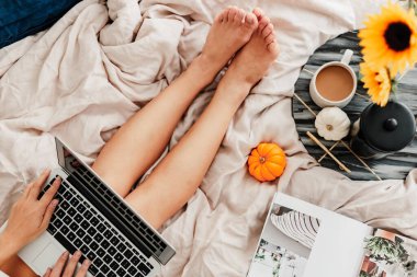 Kadın yatakta kahvenin tadını çıkarıyor. Laptop üzerinde çalışıyorum. Ayçiçeği aranjmanı. Yatak odası titreşimi. Sonbahar sezonu. Evimde gibi hissediyorum. Küçük şeylerden zevk alıyorum. Sonbahar renkleri ve havası. Evde çalış..