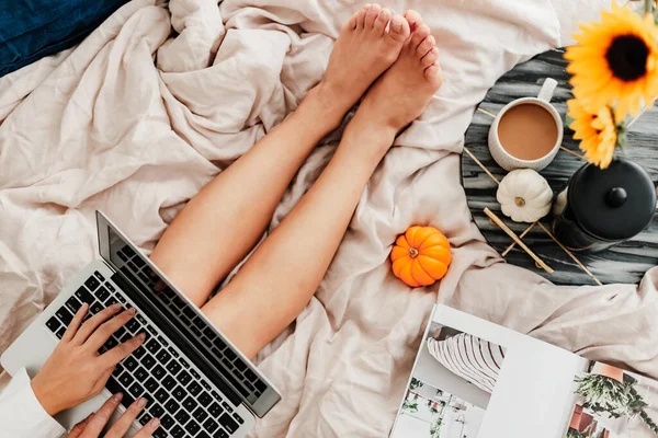 Woman is enjoying coffee in the bed. Working on the laptop. Sunflower arrangement. Bedroom vibe. Autumn season. Feeling home comfortable. Enjoying little things. Fall colors and mood. Work at home.
