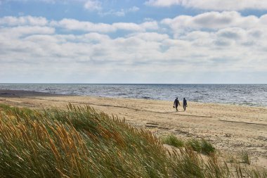 Genç bir çift fırtınadan sonra deniz kıyısında yalınayak yürür.