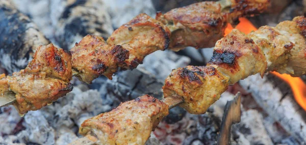 Pork Skewers Frying Hot Ash Fire Royalty Free Stock Images