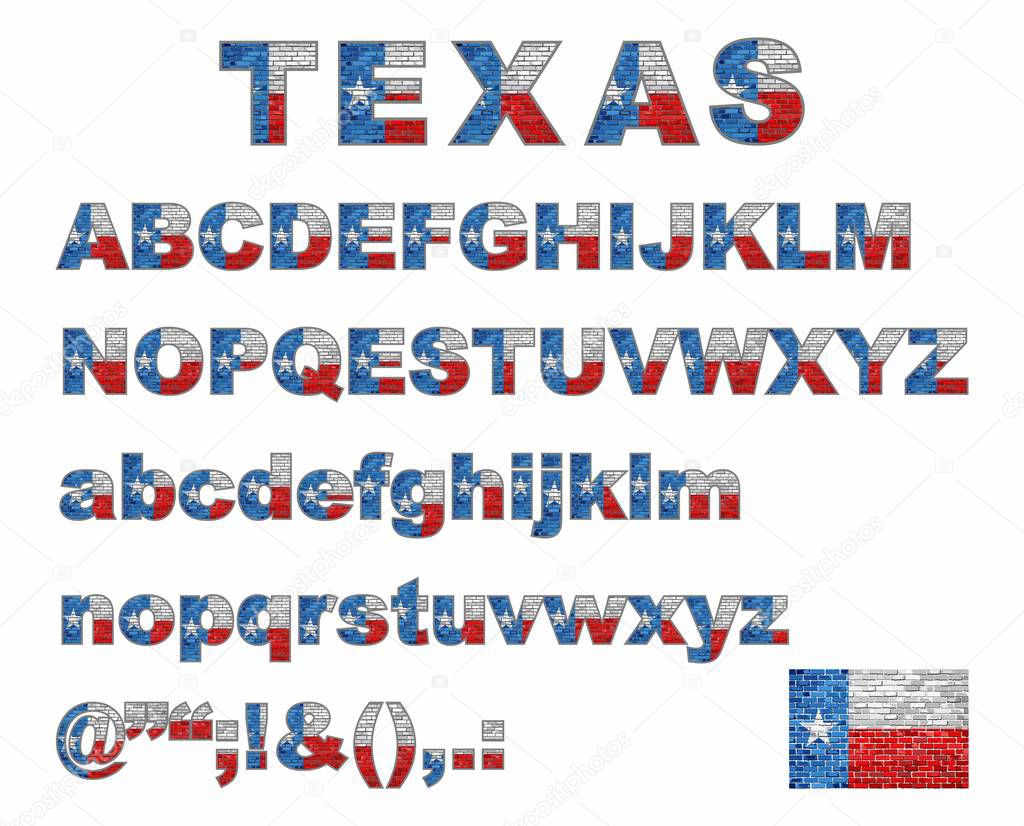 Texas flag font on a brick wall - Illustration,Stylized alphabet with flag of Texas, Flag Of English Alphabet,Font with the Texas flag, Stylized alphabet, Vector Texas alphabet letters set