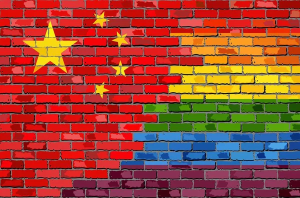 Tuğla Duvar Çin Eşcinsel Bayrakları Illüstrasyon Gökkuşağı Çin Bayrağı Üzerinde — Stok Vektör