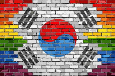 Tuğla duvar Güney Kore ve eşcinsel bayrakları - illüstrasyon, gökkuşağı ve Güney Kore bayrağı üzerinde tuğla dokulu arka plan, soyut grunge Güney Kore bayrağı ve Lgbt bayrak