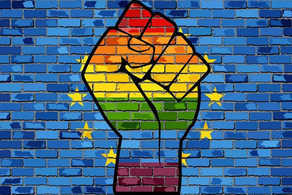 Poing Protestation Lgbt Sur Drapeau Mur Briques Europe Illustration Mur — Image vectorielle