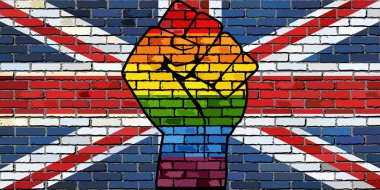 LGBT protesto yumruk bir İngiltere tuğla duvar bayrak - illüstrasyon, tuğla duvar Büyük Britanya bayrağı ve Gay bayrakları