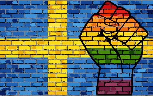 Protesto Lgbt Punho Uma Bandeira Parede Tijolo Suécia Ilustração Parede — Vetor de Stock