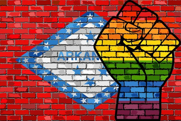 Lgbt 抗议拳头在阿肯色州砖墙壁旗子 砖墙壁阿肯色州并且同性恋旗子 — 图库矢量图片
