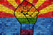 LGBT Protest pěst na Arizona Arizona cihlová zeď vlajky - ilustrace, cihlovou zeď a Gay vlajky