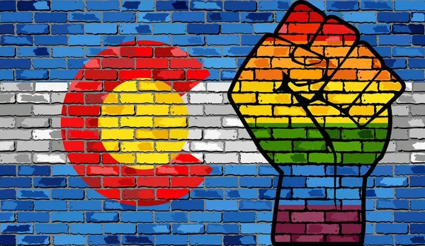Lgbt Protesto Punho Uma Bandeira Parede Tijolo Colorado Ilustração Parede —  Vetores de Stock