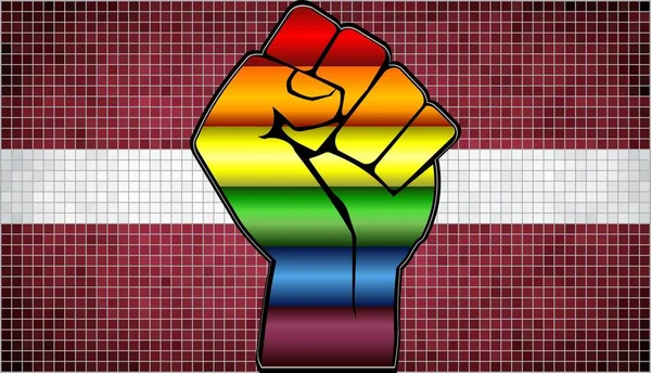 闪亮的Lgbt抗议拳头在拉脱维亚国旗 抽象马赛克拉脱维亚和同性恋旗帜 — 图库矢量图片