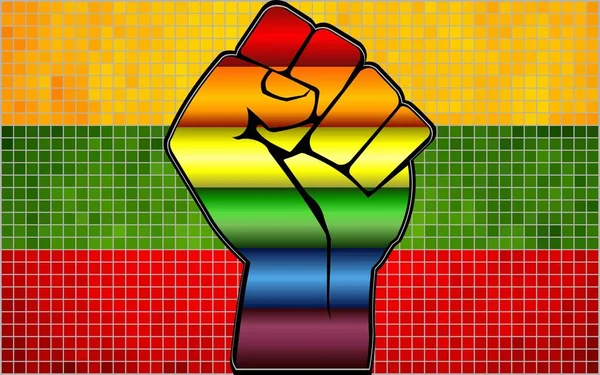 闪亮的Lgbt抗议拳在立陶宛国旗 抽象马赛克立陶宛和同性恋旗帜 — 图库矢量图片