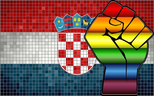 Glänzende Lgbt Protestfaust Auf Kroatischer Flagge Illustration Abstraktes Mosaik Kroatien — Stockvektor
