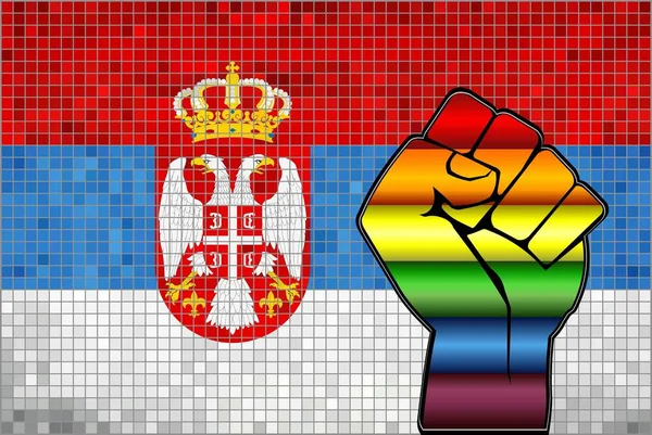 Glänzende Lgbt Protestfaust Auf Serbischer Flagge Illustration Abstraktes Mosaik Serbischer — Stockvektor