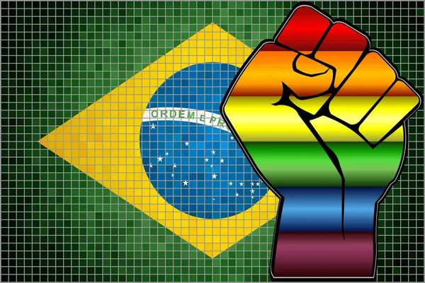 Lesklý Lgbt Protestní Pěst Brazilském Vlajce Ilustrace Abstraktní Mozaikové Brazílie — Stockový vektor