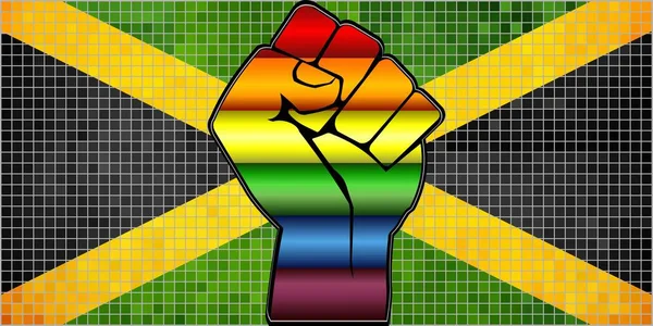 闪亮的Lgbt抗议拳在牙买加国旗 抽象马赛克牙买加和同性恋旗帜 — 图库矢量图片