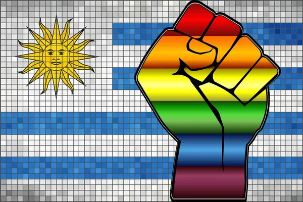 Glänzende Lgbt Protestfaust Auf Einer Uruguay Flagge Illustration Abstraktes Mosaik — Stockvektor