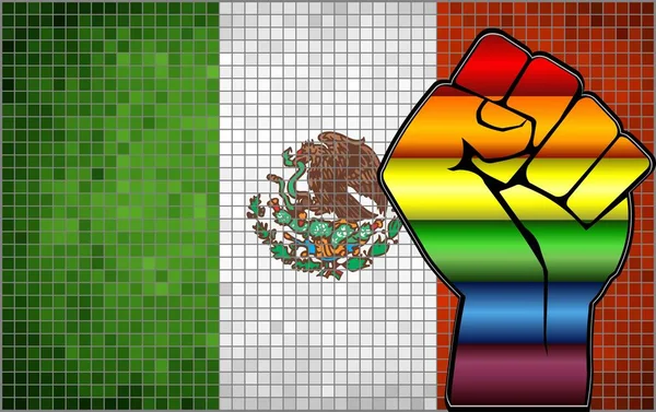 Glänzende Lgbt Protestfaust Auf Mexikanischer Flagge Illustration Abstraktes Mosaik Mexikanischer — Stockvektor