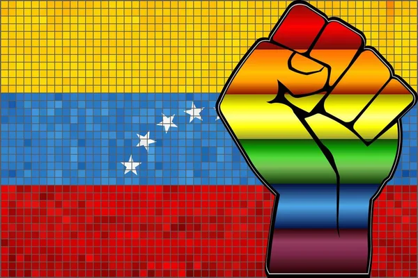 ベネズエラの旗に光沢のあるLgbt抗議拳 イラスト 抽象的なモザイクベネズエラとゲイフラグ — ストックベクタ
