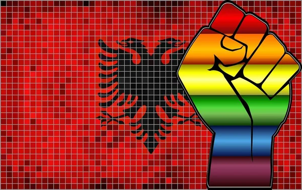 Punho Protesto Lgbt Brilhante Uma Bandeira Albânia Ilustração Mosaico Abstrato — Vetor de Stock