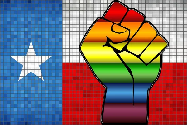 テキサスフラグに光沢のあるLgbt抗議拳 イラスト 抽象的なモザイクテキサスとゲイフラグ — ストックベクタ