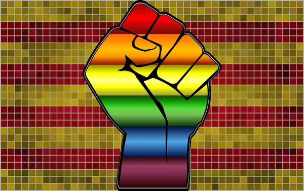 闪亮的Lgbt抗议拳在加泰罗尼亚国旗 抽象马赛克加泰罗尼亚和同性恋旗帜 — 图库矢量图片