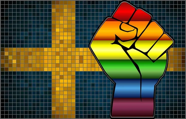 Błyszczące Lgbt Protest Fist Szwecji Flag Ilustracja Streszczenie Mozaika Szwecja — Wektor stockowy