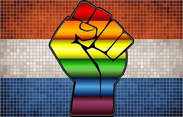 Glänzende Lgbt Protestfaust Auf Einer Niederländischen Flagge Illustration Abstraktes Mosaik — Stockvektor