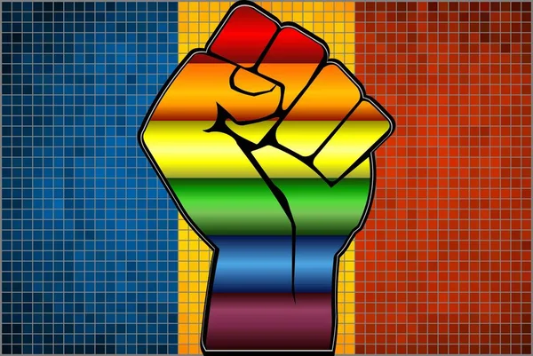 Glänzende Lgbt Protestfaust Auf Einer Rumänischen Flagge Illustration Abstraktes Mosaik — Stockvektor