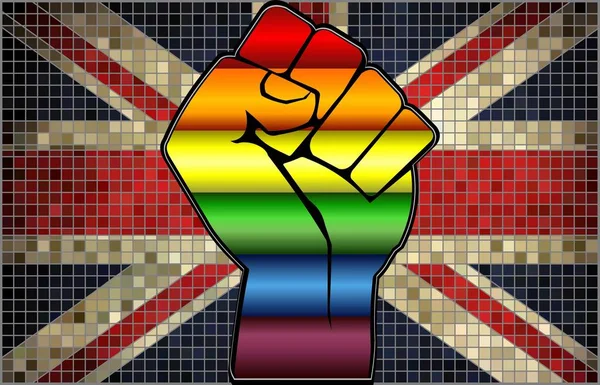 Błyszczące Lgbt Protest Fist Wielkiej Brytanii Flaga Ilustracja Streszczenie Mozaika — Wektor stockowy