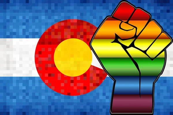 科罗拉多州国旗上闪亮的Lgbt抗议拳头 抽象马赛克科罗拉多州和同性恋旗帜 — 图库矢量图片