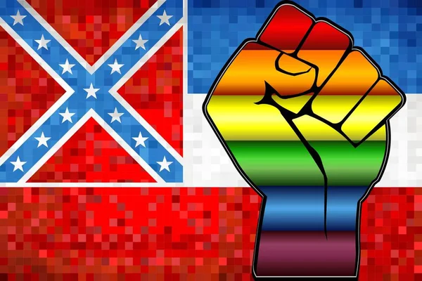 Poing Brillant Protestation Lgbt Sur Drapeau Mississippi Illustration Mosaïque Abstraite — Image vectorielle