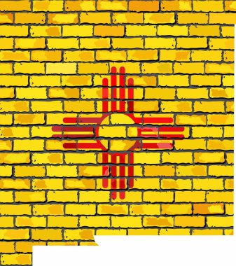 Duvarda bir New Mexico haritası, New Mexico eyaleti haritası ve içinde bayrak var.