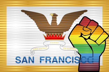 Shiny LGBT Protest Fist on a San Francisco Flag - Illustration, Abstract grunge San Francisco Flag and LGBT flag clipart