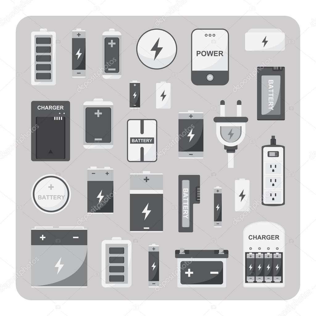Vector design of flat icons, Different battery set on isolated background.