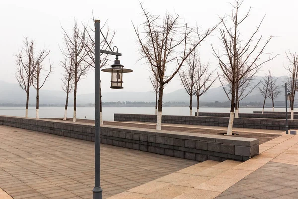 Parque Con Árboles Desnudos Río Fondo — Foto de Stock