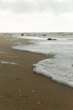 Deniz köpüklü kumlu güzel bir sahil manzarası