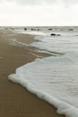 Deniz köpüklü kumlu güzel bir sahil manzarası