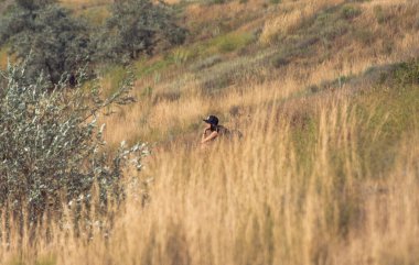 Çimenlikte oturan ve uzaklara bakan bir kadın.