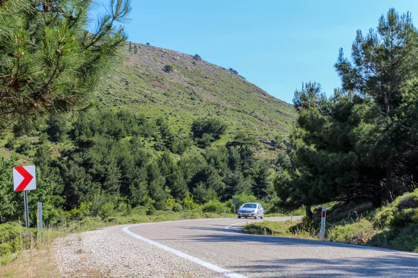 Asfalt ada yolunda araba, viraj almak üzere. Yol etrafında ağaçlar ve dağlar ile kaplı 