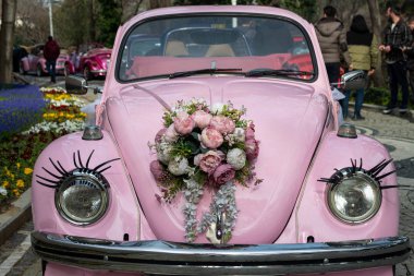 Pembe klasik üstü açık araba ve kaputta çiçekler. 