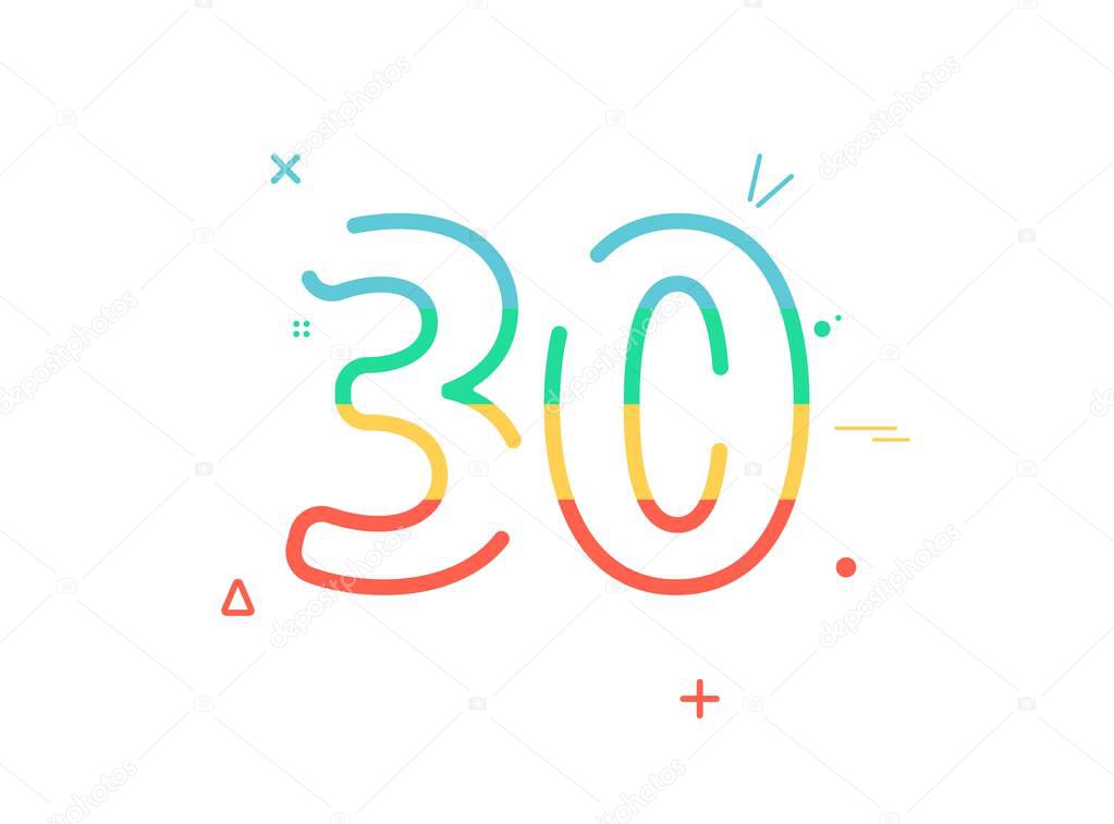 30 year Anniversary celebration vector font,  greeting, congratulation, colorful design with confetti. Birthday or wedding party festive event decoration. Eps10 illustration 