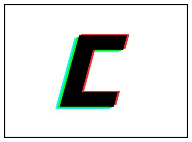 C harfi logosu, vektör ayırıcı yazı tipi. Dinamik, bölünmüş renk, kırmızı, yeşil, siyah çerçeveli beyaz arkaplan. Eps10 illüstrasyon