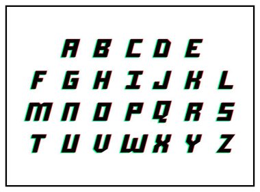 Harf seti, vektör desing font. Dinamik, bölünmüş renk, kırmızı, yeşil, siyah çerçeveli beyaz arkaplan gölgesi. Eps10 illüstrasyon